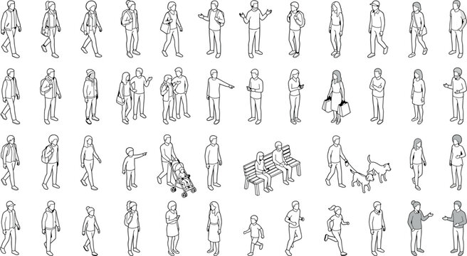 Set of isometric people characters, walking, standing, talking, sitting on bench, walking with dog and baby stroller isolated on white background transparent background