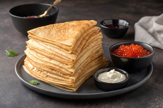 Stack of folded crepes served with red caviar and sour cream pancakes culinary