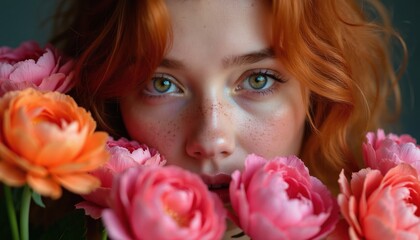 Naklejka premium Woman with red hair, green eyes peers from behind vibrant pink, orange flowers. Face light freckles, creating soft romantic mood for beauty floral concepts. Natural light illuminates features.