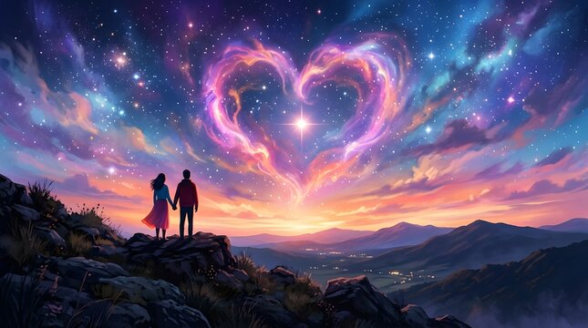 Couple under starry heart sky