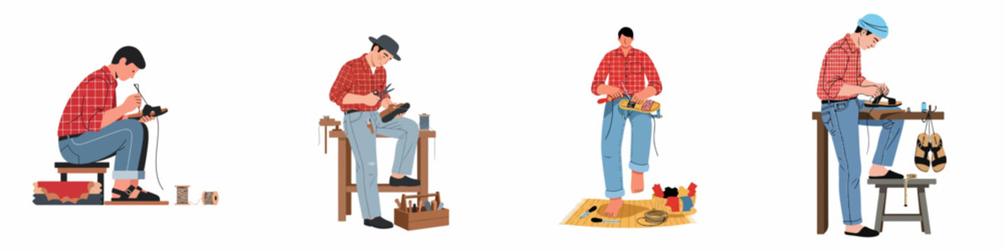 Set of professional male shoemakers in red plaid shirts crafting, sewing, and repairing various footwear and leather shoes on a white background.