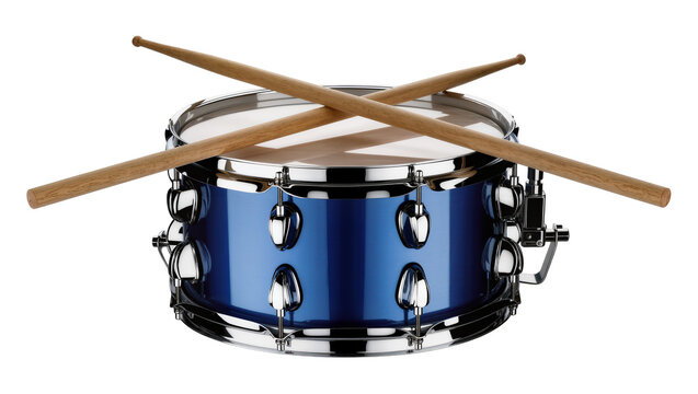 Blue snare drum with wooden drumsticks crossed on top