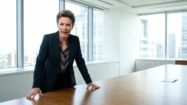 Office meeting room with businesswoman standing by table and window, speaking in modern interior with city view