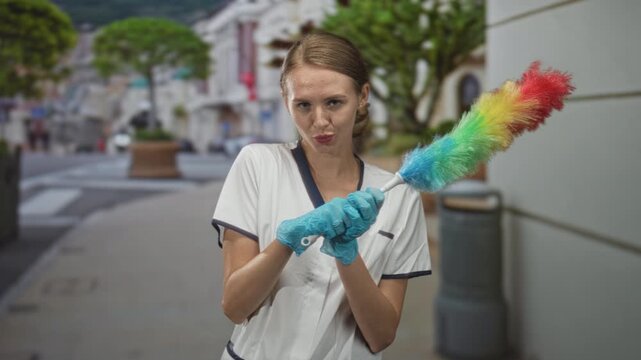 Cleaning woman in white uniform dusting with a rainbow feather duster, gloved hands performing a dusting gesture on street near building and planter; playful routine.