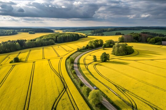 Aerial view of yellow blooming rapeseed fields in spring with rapeseed, farmland