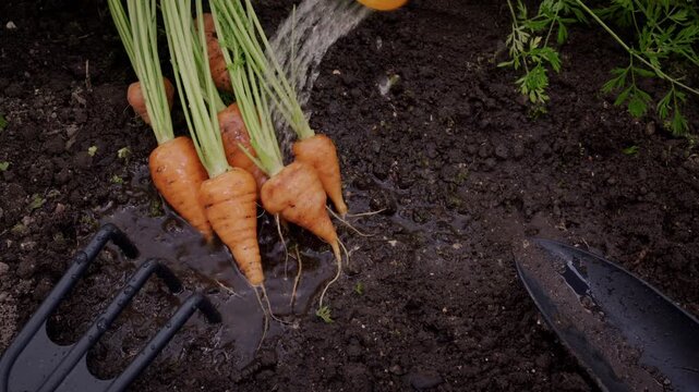 Freshly harvested organic carrots being rinsed with water on the soil of a daytime garden.