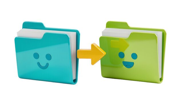 Two cartoon file folders with smiley faces and arrow transferring data