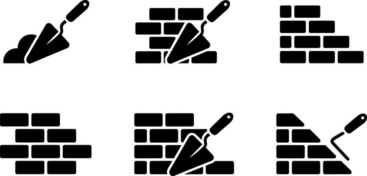 Black and white masonry icons showing bricks, trowels, and mortar representing construction, building, craftsmanship, and bricklaying design themes