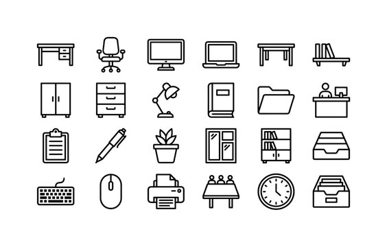 Corporate Desk Lines. Line icon set of office furniture: desk, office chair, computer monitor, laptop, table, shelf, cabinet, drawer unit, desk lamp, book, file folder, reception counter, clipboard,