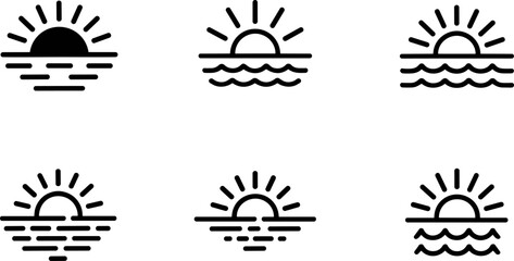 Minimalist black sun and water horizon icons showing sunrise and sunset variations for nature, travel, relaxation, and graphic design themes © MdMotahar