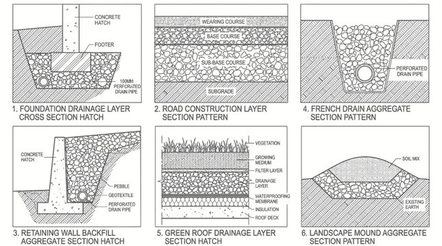 Architectural cross section details of drainage layers and foundation systems.