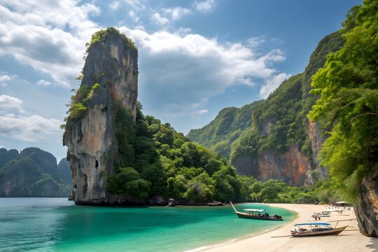 Tropical limestone cliffs and turquoise beach in thailand at midday