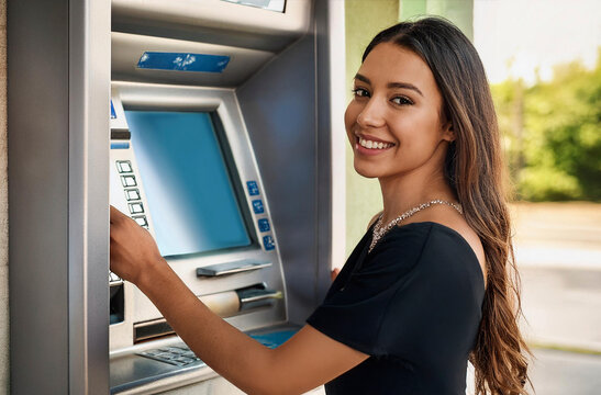 a smiling young latin woman withdrawing money from the ATM in summer