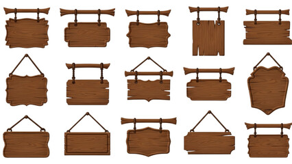 Fototapeta premium Set of Rustic Hanging Wooden Signboards with Various Empty Texture Shapes