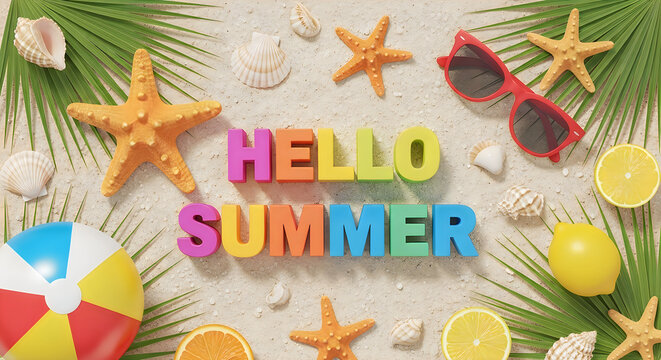 Vibrant hello summer beach scene with starfish seashells and sunglasses