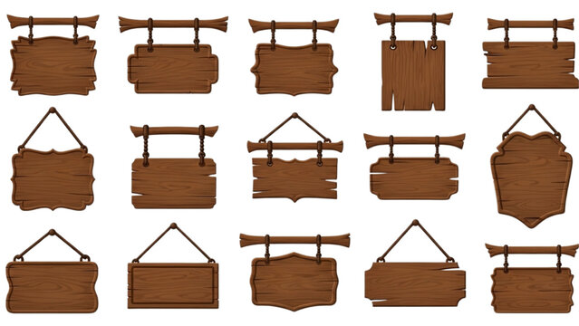 Set of Rustic Hanging Wooden Signboards with Various Empty Texture Shapes