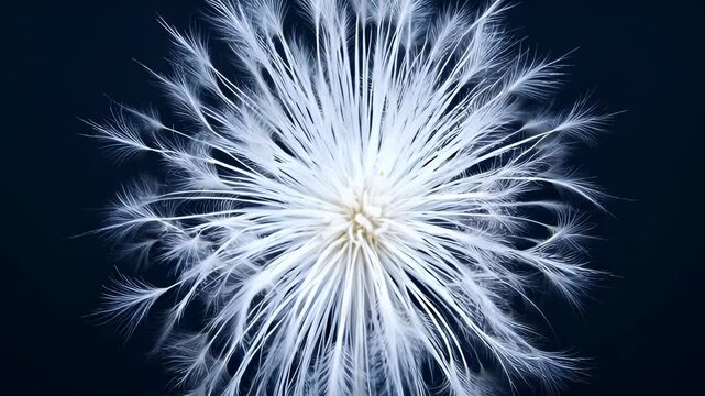White feather flower, dark blue background, delicate plant macro closeup, soft light, natural white dandelion seed head