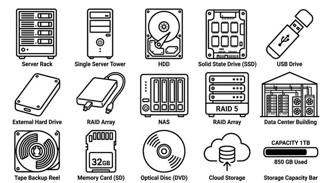 Set of data storage and server hardware technology icons.