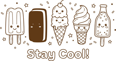 Cute kawaii frozen treats illustration with 'stay cool' typography © habiba creative