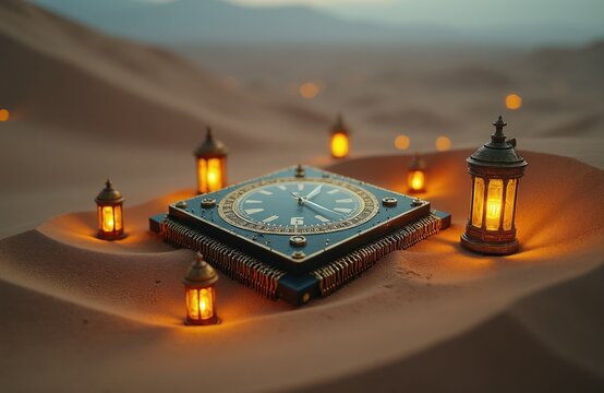 A microchip with a clock face rests in a desert landscape surrounded by glowing lanterns. Time and technology merge in this arid, sandy environment.