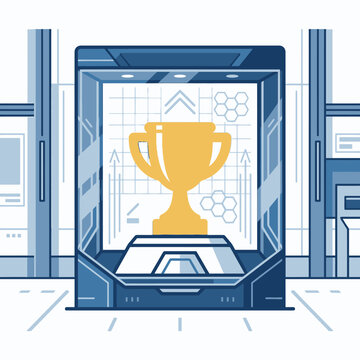 Golden trophy cup in futuristic digital display case chamber