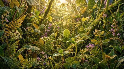 Obraz premium A vibrant and detailed close-up of lush green jungle foliage and diverse plant life illuminated by natural sunlight.