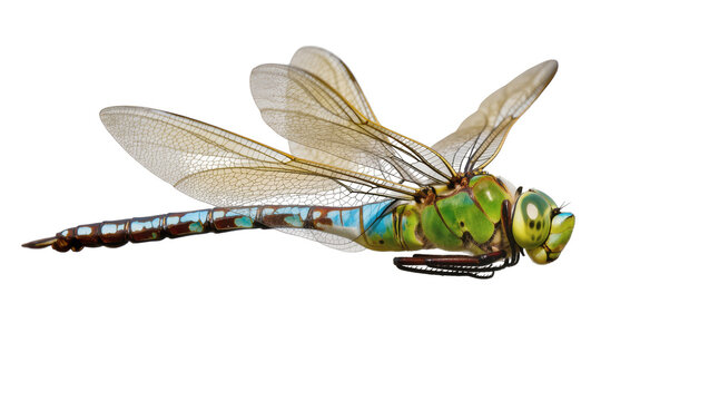 Green dragonfly with blue segmented abdomen and wings