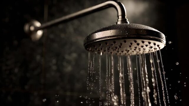 Water flows from a showerhead in a bathroom during a morning routine with soft light shining on the fixtures and walls
