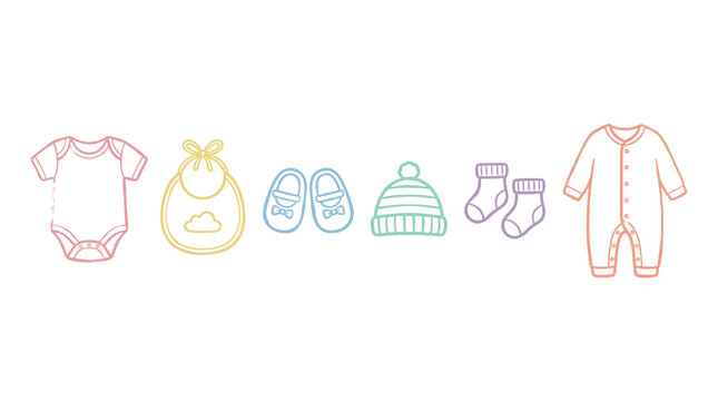 Baby clothes and accessories in pastel outline illustrations, perfect for newborn care, infant essentials, and charming baby shower themes.