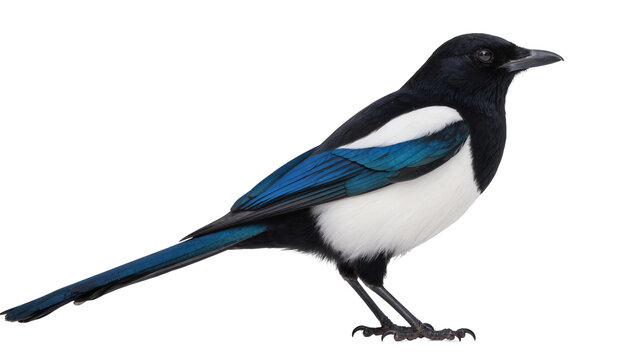 Black and white magpie bird with blue wing feathers