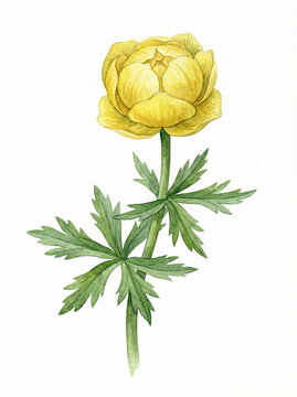 Yellow globeflower watercolor hand painted botanical illustration trollius isolated on white background