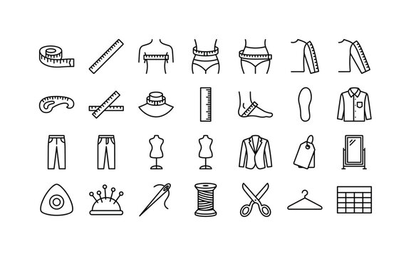 Clothing Measurement Guide. Line icon set of clothes size and tailoring: measuring tape, tailor ruler, chest measure, waist measure, hip measure, sleeve measure, shoulder width ruler, neck measure,