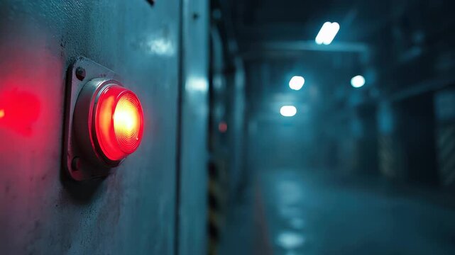 Red button on a gray wall in a dimly lit industrial space at night with blue lights shining in the background creating a mysterious atmosphere