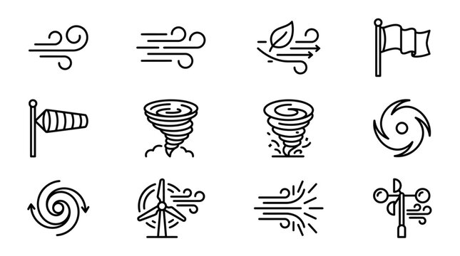 Set of hand drawn weather and wind icons.