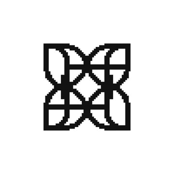 Black pixelated geometric cross icon on white background.