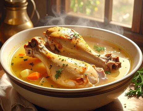 Steaming bowl showcases two roasted poultry pieces in a vibrant broth, garnished with herbs & vegetables, near a window