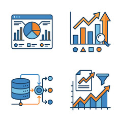 Data analytics processing and database management information icon set. © Ikah