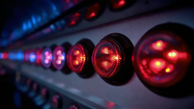 Bright lights shine in a control panel at a night setting with various colored indicators in use for signaling purposes