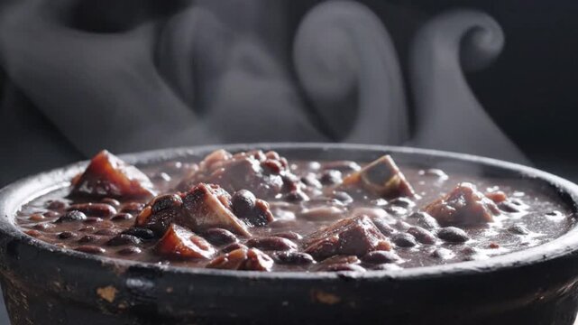 Steaming Hot Traditional Brazilian Feijoada in a Clay Pot