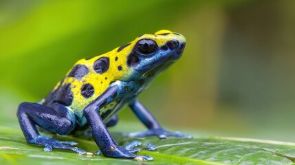Obraz premium dart. Poison dart frog with yellow and blue colors on a green rainforest leaf. wildlife magazines, conservation campaigns, designed for wildlife conservation campaigns, used by data analysts.