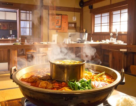 Steaming pot of food in a traditional wooden interior, sunlight streams through windows, cozy atmosphere