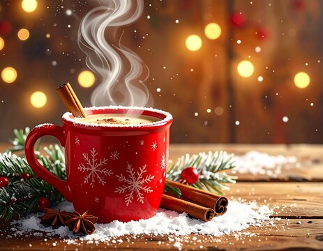Steaming warm drink in a red mug with snowflakes, garnished with cinnamon sticks, on a snowy wooden surface with a festive background