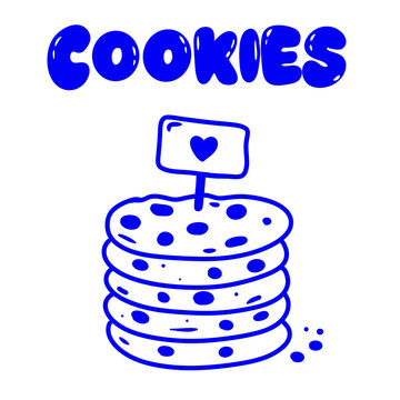Cookies doodle illustration, stack of cookies with heart topper, blue line art
