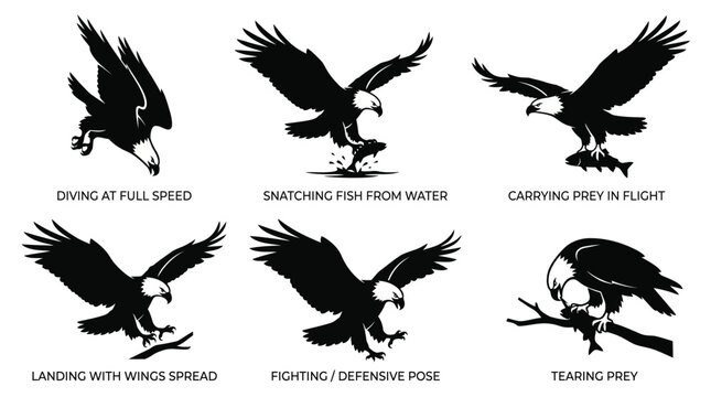 Set of six eagle silhouettes showing various predatory behaviors.