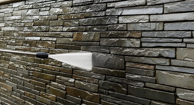 Pressure Washing Stone Wall Surface to Remove Dirt and Restore Facade for Home Maintenance