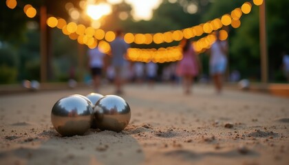 Obraz na płótnie Canvas Metal balls rest on sandy court for bocce game at park. People play outdoor game under string lights at dusk. Evening leisure activity with friends.
