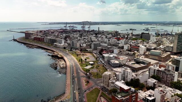 Aerial bird's eye view of Plaza Espana, Ciudad Vieja, Montevideo, Uruguay