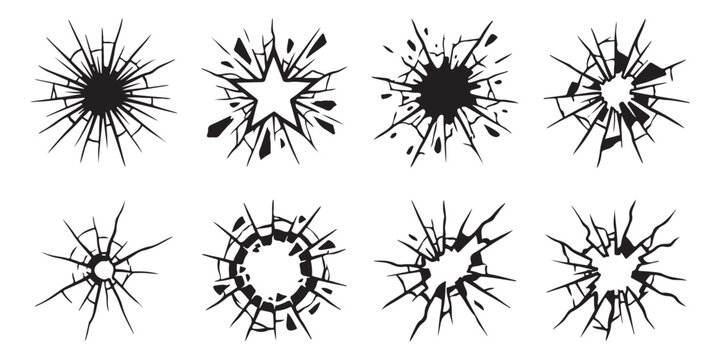 Set of eight black broken glass cracks and bullet hole impact shapes for design