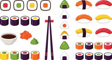 Japanese sushi and sashimi vector illustration set featuring maki rolls nigiri onigiri rice triangles chopsticks soy sauce wasabi and pickled ginger © MeheDi