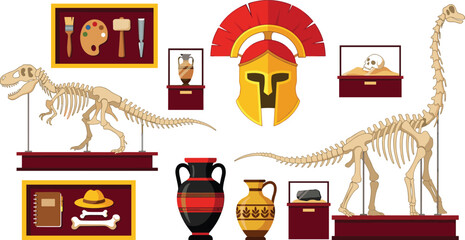Museum history and archaeology vector illustration set featuring dinosaur skeleton fossils ancient greek spartan helmet antique pottery vases and digging tools © MeheDi
